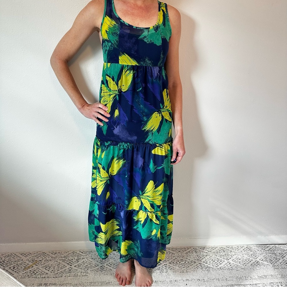 Floral Sleeveless Maxi Dress - Green and Blue